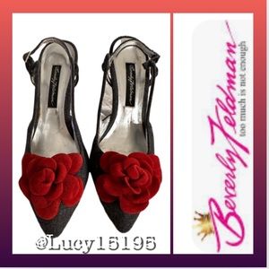 ❤️Beverly Feldman Too Much Is Not Enough Gray Tweed & Red Floral Heels